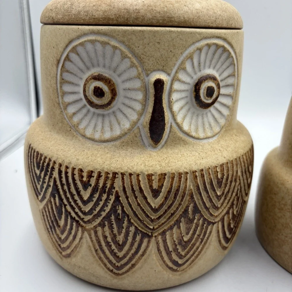 Two Vtg Owl Canisters W/ Lids 1970s Pottery Craft USA MCM Cottagecore Country